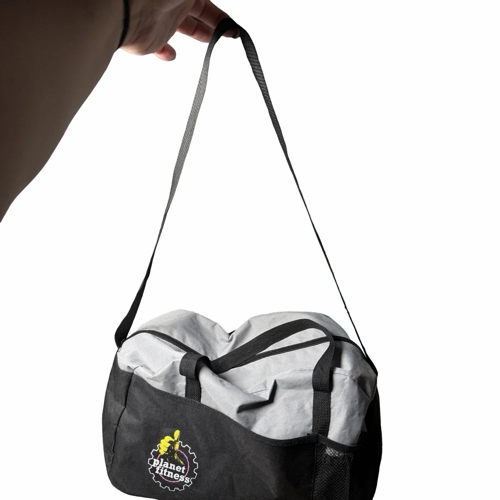 Planet Fitness Duffel Bag Black Gray Gym Workout Travel Shoulder Strap 22